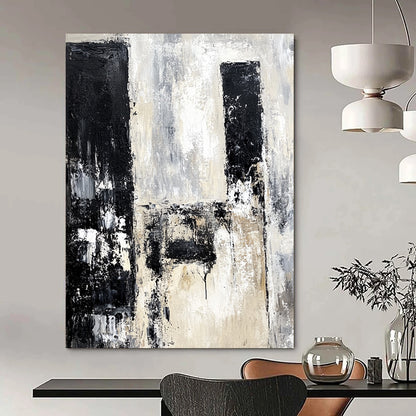 Contemporary hand-painted abstract artwork depicting urban ruins in black and white with neutral tones using vintage oil paint. DLZ0665