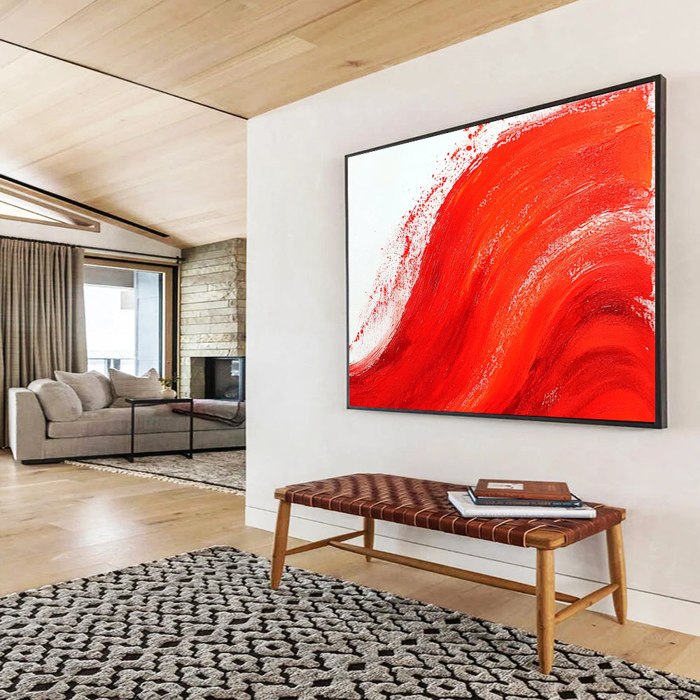 “Bold Red Wave” - Vibrant Red, White, Dynamic Brushstrokes - Abstract Acrylic Painting HB1730