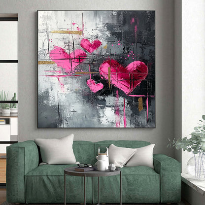 Pink Hearts, Gray Background & Gold Accents - “Elegant Romantic Fusion” Painting On Canvas HB213