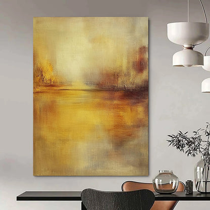 Contemporary hand-painted abstract artwork featuring muted tones, soft brushstrokes, and a tranquil water reflection illuminated by golden hour light. DLZ0420