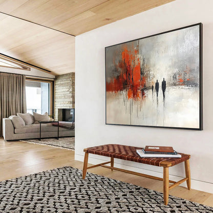 “Urban Stroll” - Gray, Orange, Black, Abstract Figures in Cityscape Painting On Canvas HB1052