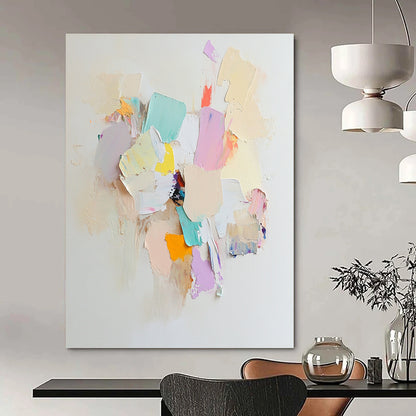 Contemporary abstract art features an arrangement of white paper pieces with soft colors, evoking calmness and serenity in a tranquil composition. DLZ0886