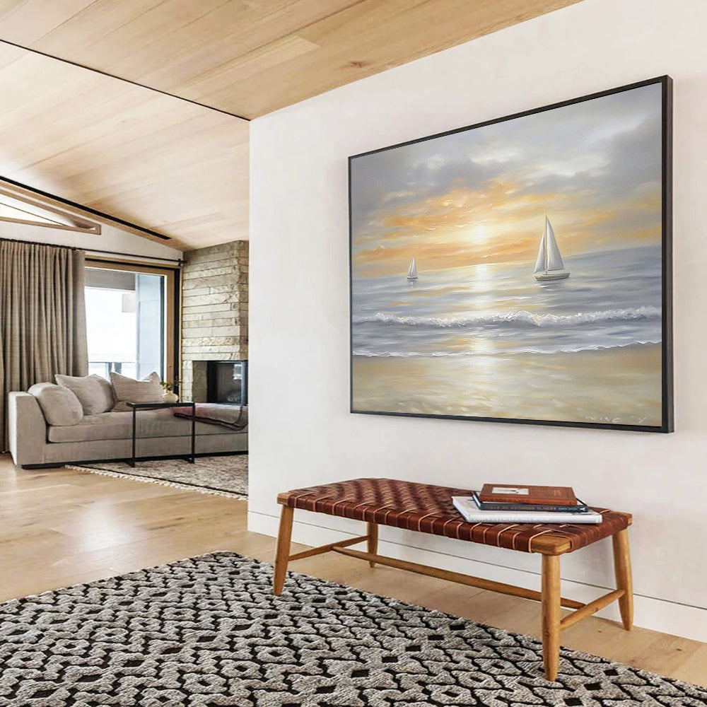 “Sailboats at Dusk” - Neutrals, Oranges, Yellows, Sailboats on Calm Sea at Sunset - Oil Painting HB1757