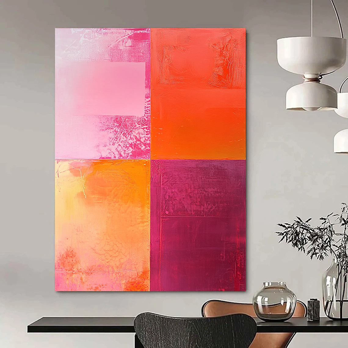 Contemporary hand-painted abstract artwork featuring textured shades of pink and orange with a striking central light red square and dynamic color interplay. DLZ1265