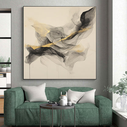 Beige, Gray, Gold, Flowing Shapes "Smoky Allure" Abstract Painting On Canvas HB028