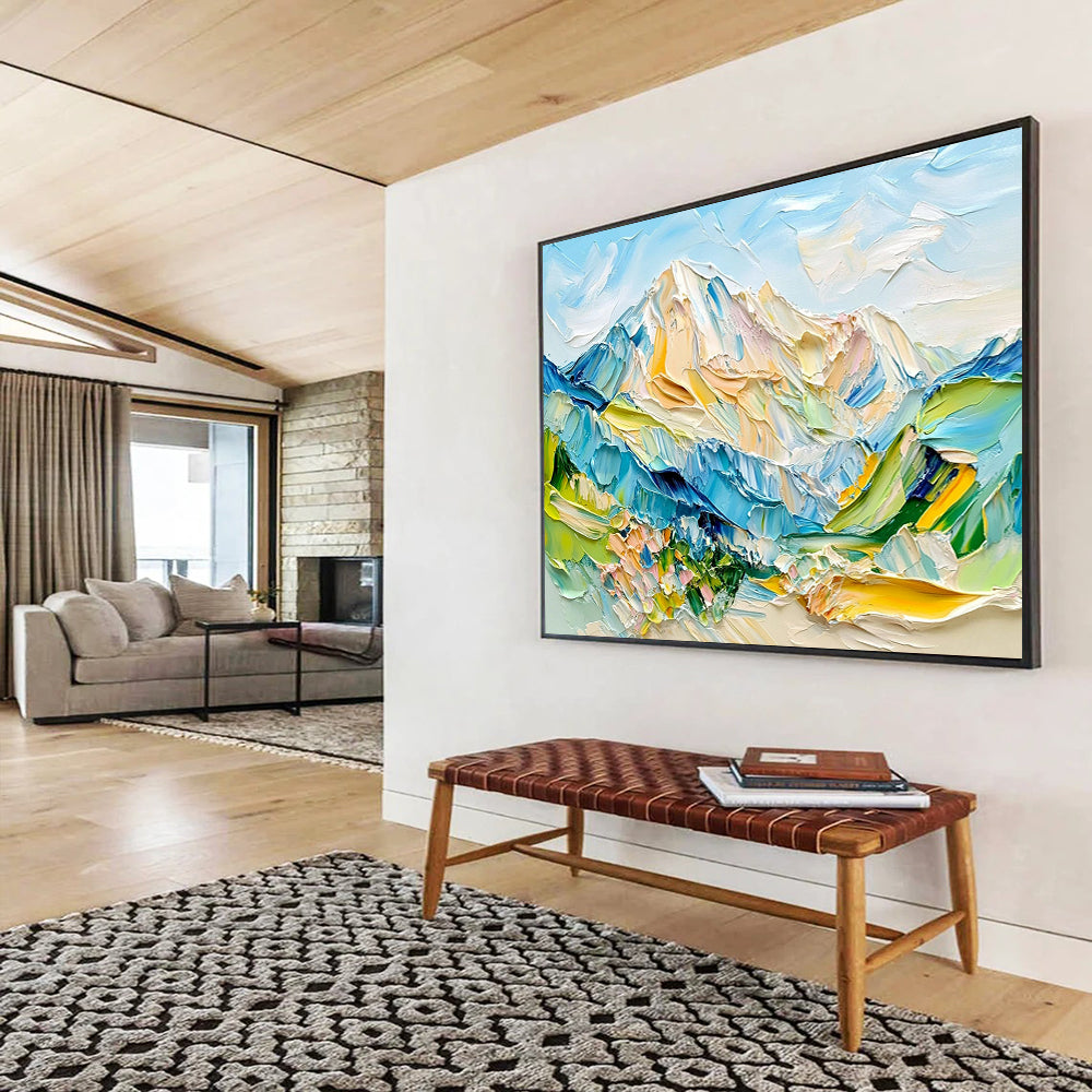 “Color - Drenched Alpine Vistas” - Blue, Green, Yellow, Pink, Lively Mountainscape Painting On Canvas HB1021