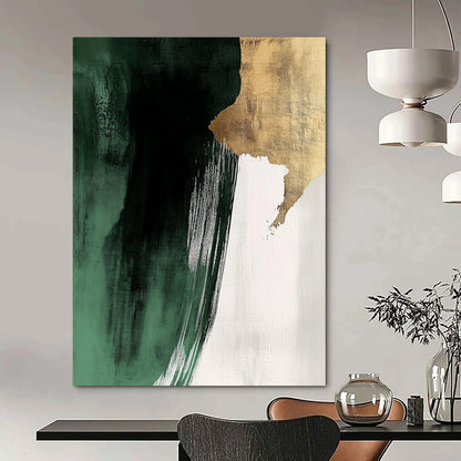 Contemporary hand-painted abstract art featuring dark green and white brushstrokes with gold foil and striking negative space in a minimalist style. DLZ1623