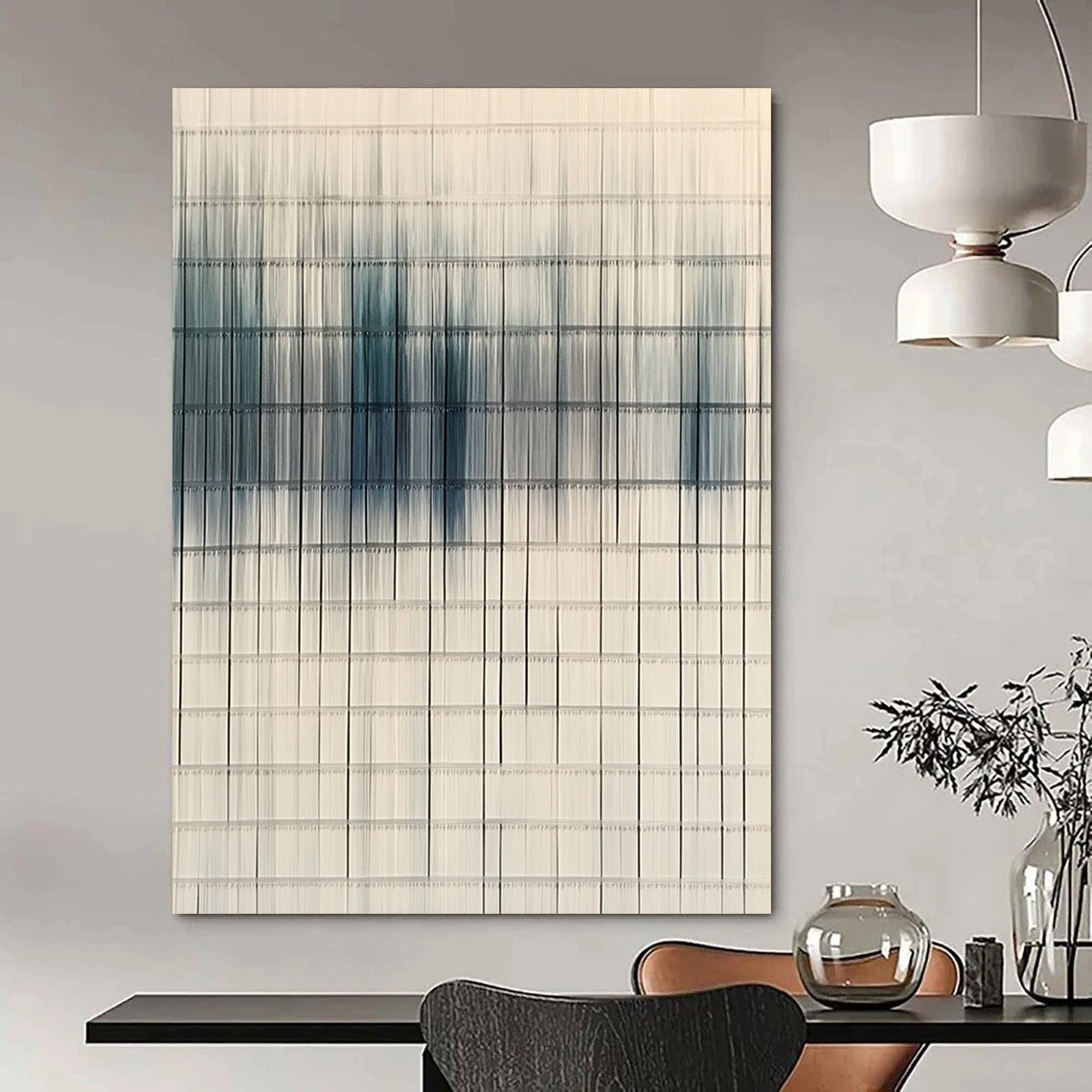 Contemporary hand-painted abstract art featuring woven lines in white and blue, symbolizing clean air and environmental awareness in a modern urban backdrop. DLZ1432