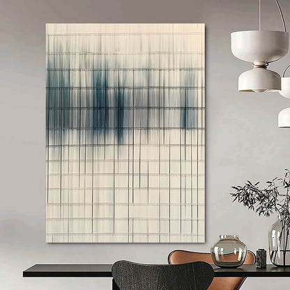Contemporary hand-painted abstract art featuring woven lines in white and blue, symbolizing clean air and environmental awareness in a modern urban backdrop. DLZ1432