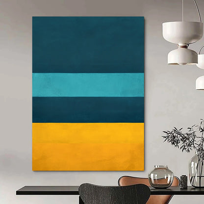 Contemporary hand-painted abstract artwork featuring deep blue teal and yellow horizontal stripes inspired by Rothko's color fields. DLZ0684