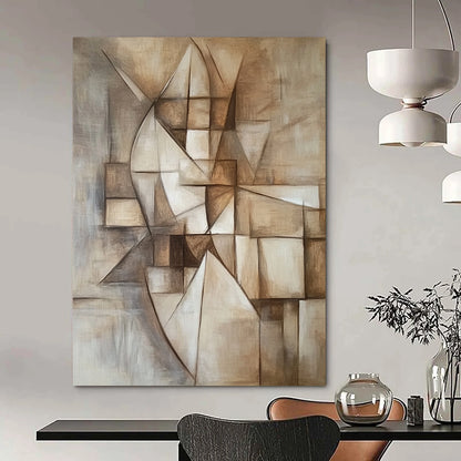 Contemporary hand-painted abstract artwork featuring geometric designs in neutral tones capturing harmony between simplicity and complexity with a focus on depth and perspective. DLZ1093