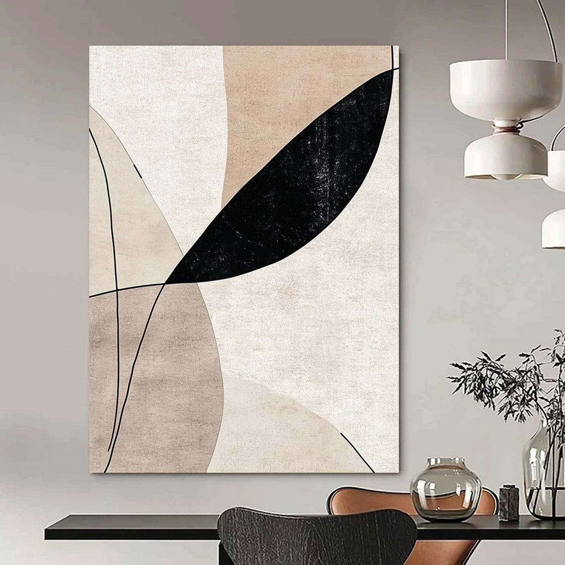 Contemporary handcrafted abstract art featuring elegant lines and curves in beige tones with striking black accents, perfect for sophisticated decor. DLZ0797