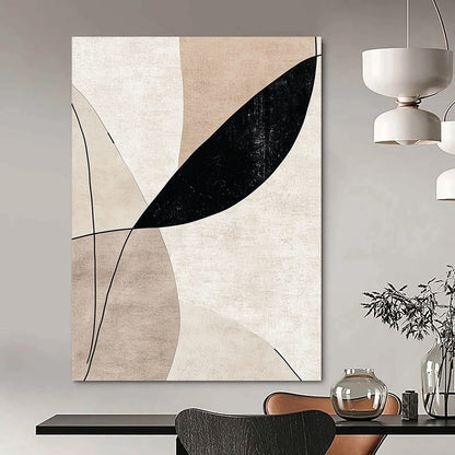 Contemporary handcrafted abstract art featuring elegant lines and curves in beige tones with striking black accents, perfect for sophisticated decor. DLZ0797
