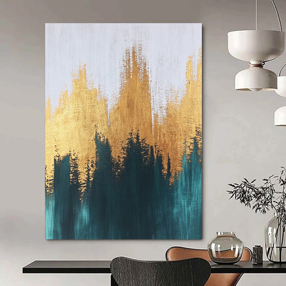 Contemporary abstract painting with textured brush strokes featuring gold and teal hues creating a serene and balanced composition on a large canvas. DLZ0388