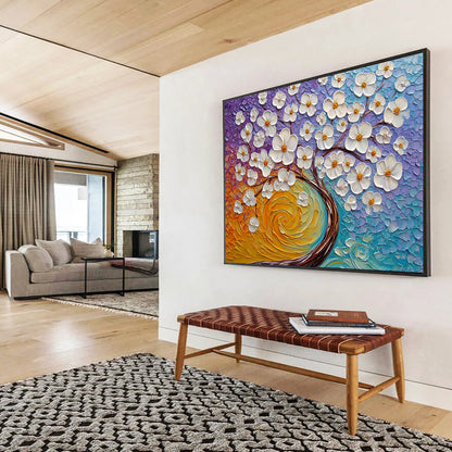 “3D White Flowers on Colorful Textured Background” - Purple, Blue, Orange, White 3D Flowers - Textured Acrylic Painting HB1636