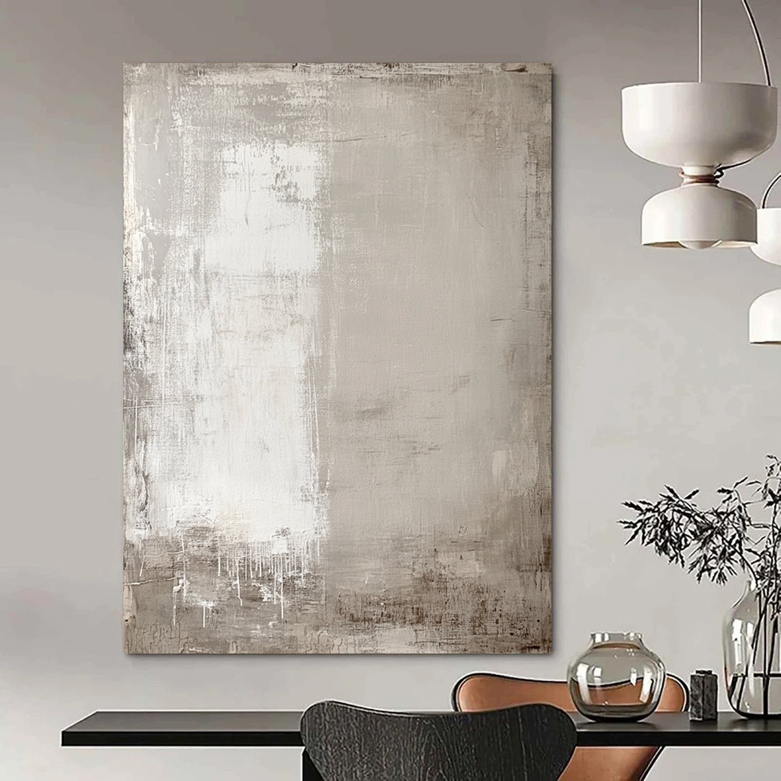 Contemporary hand-painted abstract art featuring soft neutral tones and aged textures with subtle outlines of buildings and trees for depth. DLZ1278