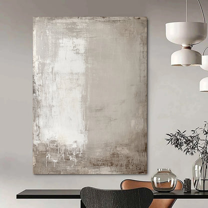 Contemporary hand-painted abstract art featuring soft neutral tones and aged textures with subtle outlines of buildings and trees for depth. DLZ1278