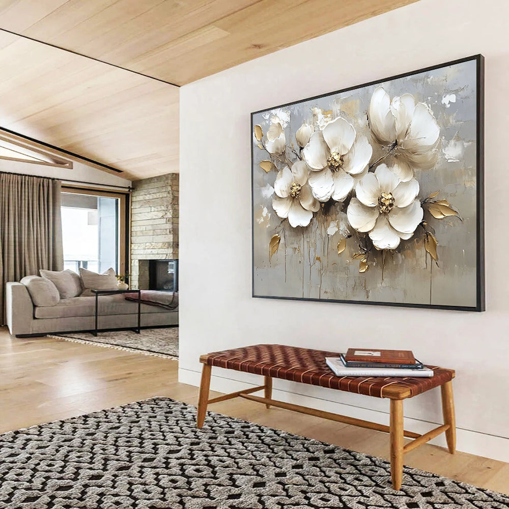 “White Flowers with Gold Accents” - White, Gold, Gray, Textured White Flowers with Gold Details - Impasto Oil Painting HB1784