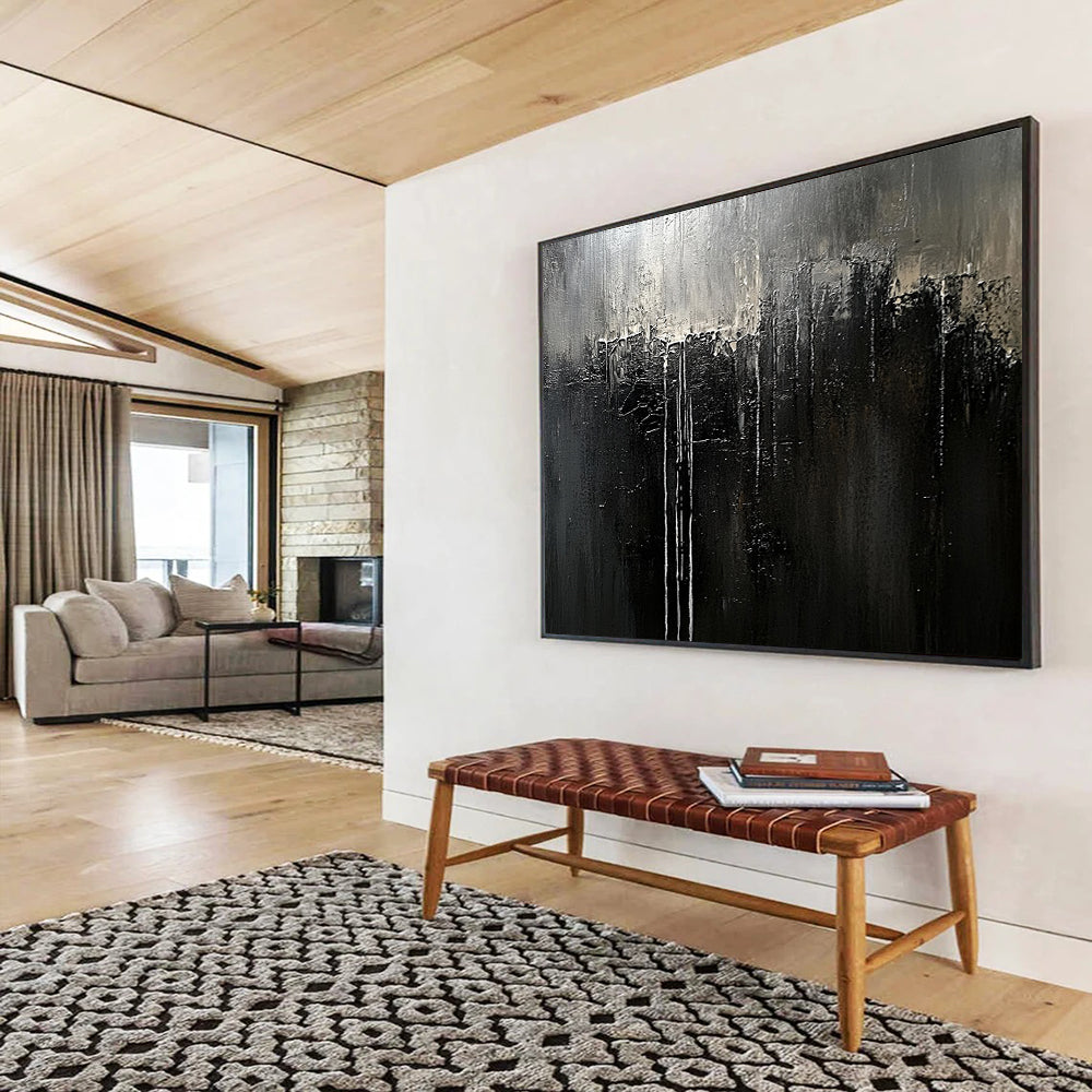 Monochrome Dripping Abstract - Dark Expressionist Painting On Canvas HB0468