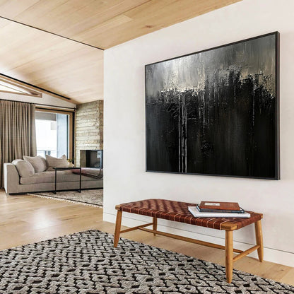 Monochrome Dripping Abstract - Dark Expressionist Painting On Canvas HB0468