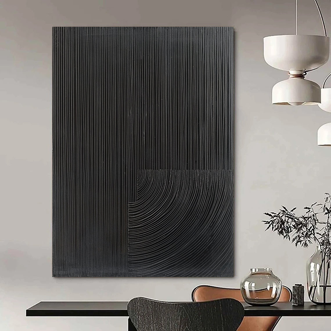Contemporary abstract painting features half black with fine grooves and half gray abstract shape for a striking visual contrast. DLZ1553