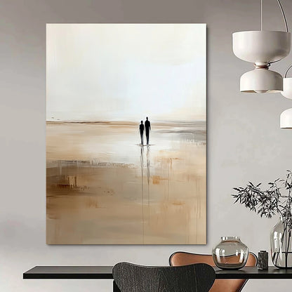 Contemporary abstract artwork depicting two figures strolling on the beach in soft beige and white hues creating a serene minimalist ambiance. DLZ0663