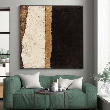 Black, White, Gold, Textured Stripes "Gilded Divide" Abstract Minimalist Painting On Canvas HB082