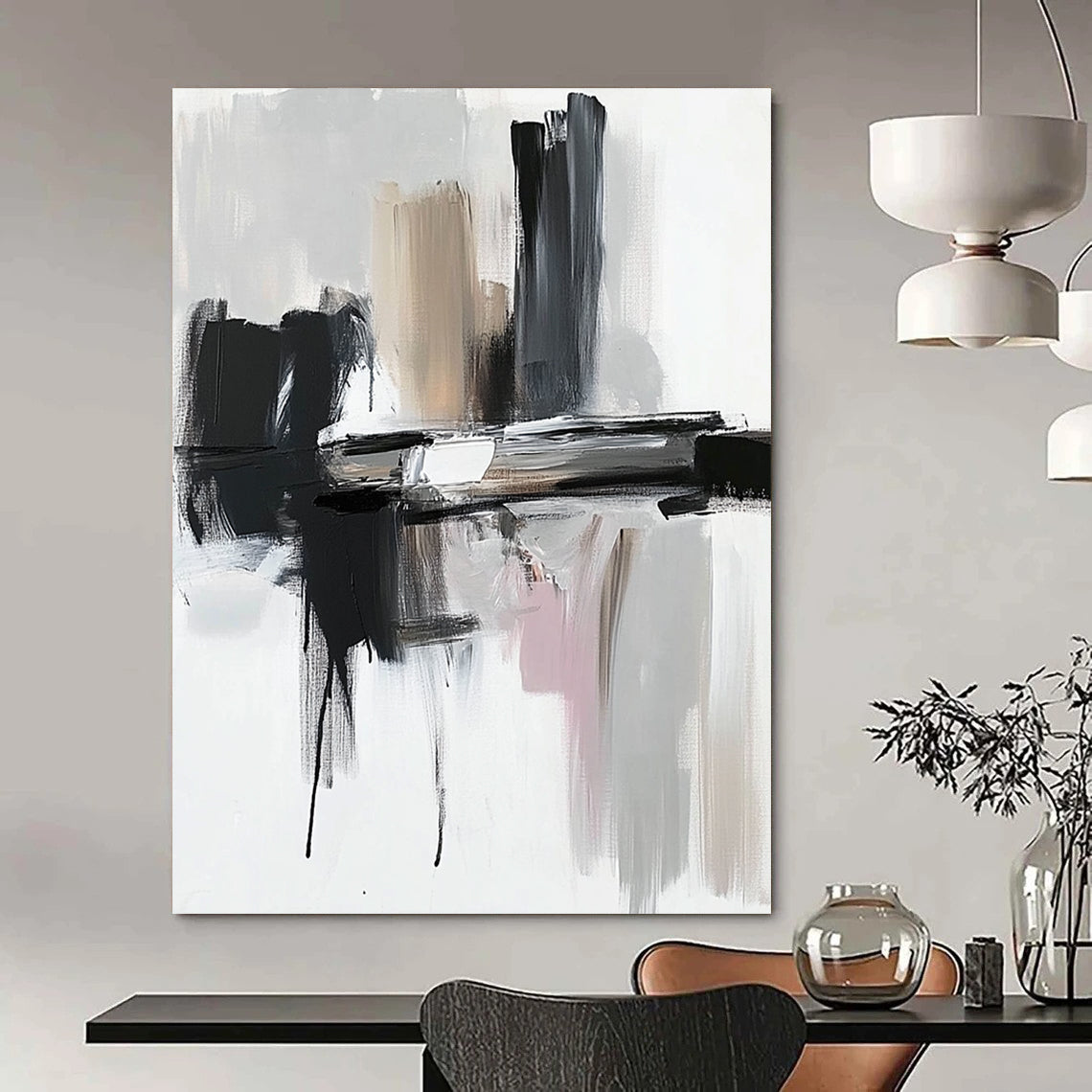Contemporary abstract painting featuring thick brushstrokes in black and gray against a white backdrop showcasing dynamic shapes and textures. DLZ0772