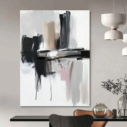 Contemporary abstract painting featuring thick brushstrokes in black and gray against a white backdrop showcasing dynamic shapes and textures. DLZ0772
