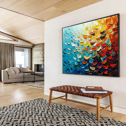 “Textured Ocean Petals” - Blue, yellow, orange, red; Petal - like thick strokes mimic ocean waves; Abstract Impasto Oil Painting On Canvas HB1168