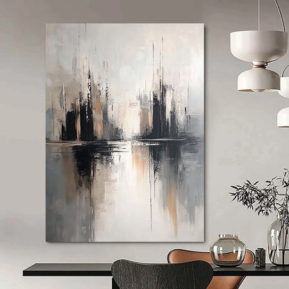 Contemporary hand-painted abstract artwork featuring soft gray tones and a neutral palette with detailed textures and minimalist design on a white background. DLZ0810