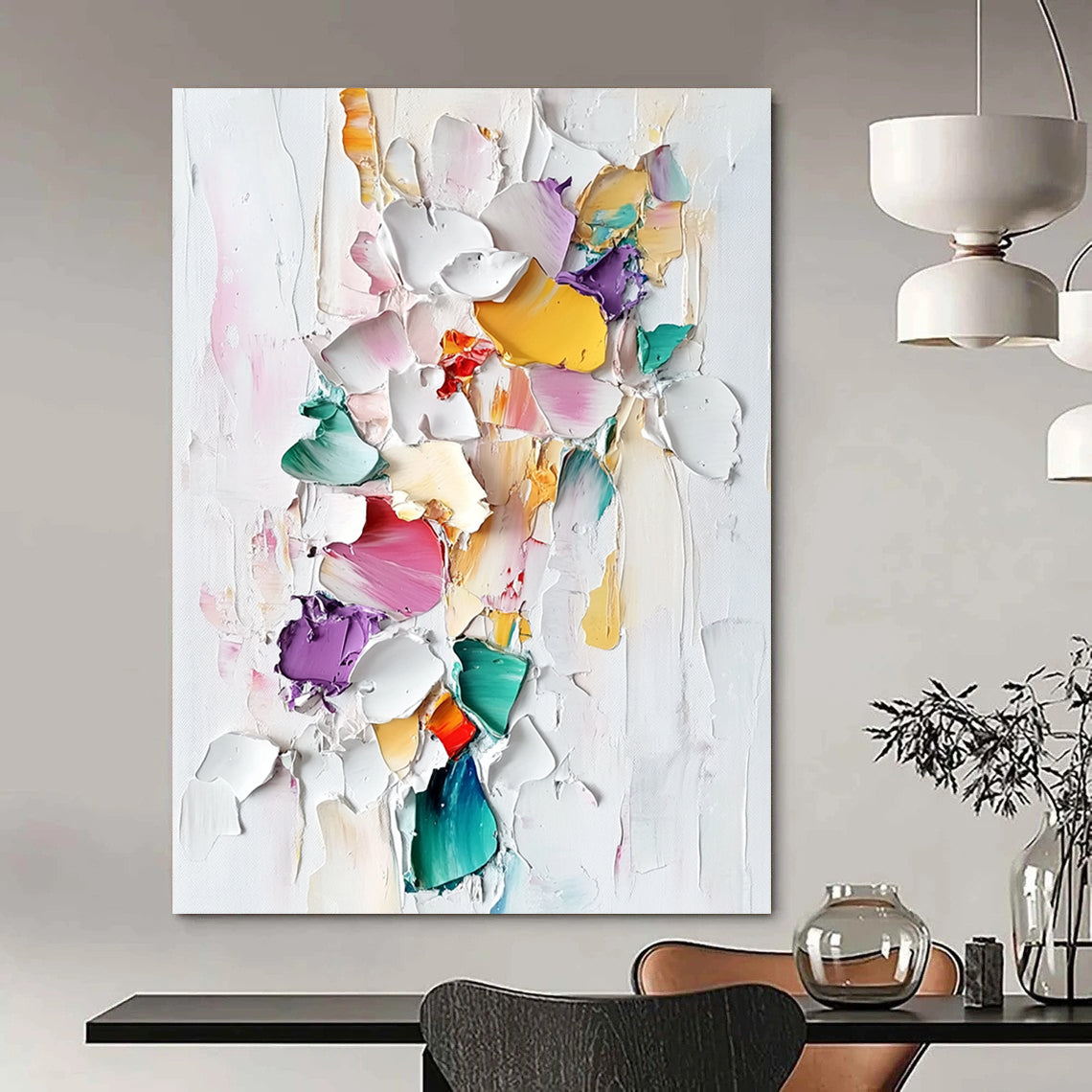 Contemporary abstract painting featuring colorful porcelain pieces and thick brush strokes on a textured white background in a pastel palette. DLZ0834