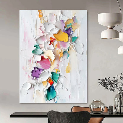 Contemporary abstract painting featuring colorful porcelain pieces and thick brush strokes on a textured white background in a pastel palette. DLZ0834