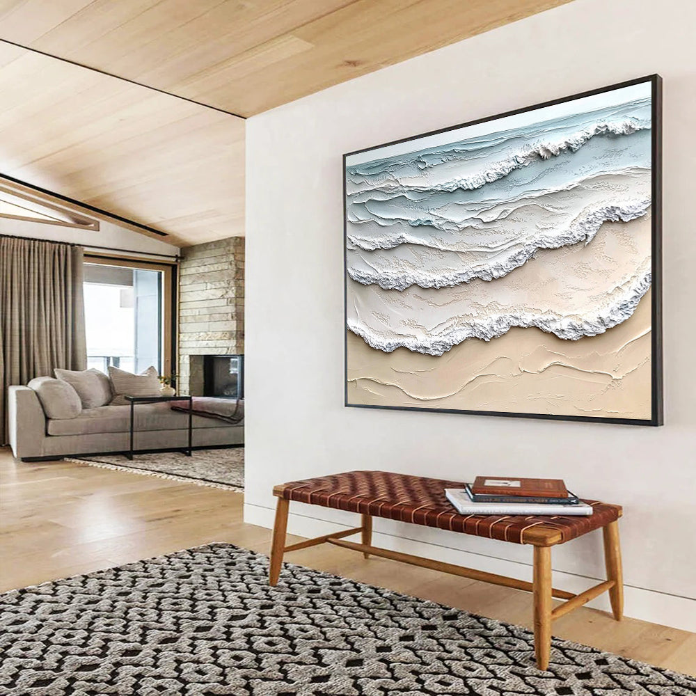 Layered Sea Waves in Blue and Beige - Impasto Ocean Scene Painting On Canvas HB0427