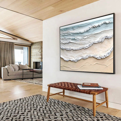Layered Sea Waves in Blue and Beige - Impasto Ocean Scene Painting On Canvas HB0427