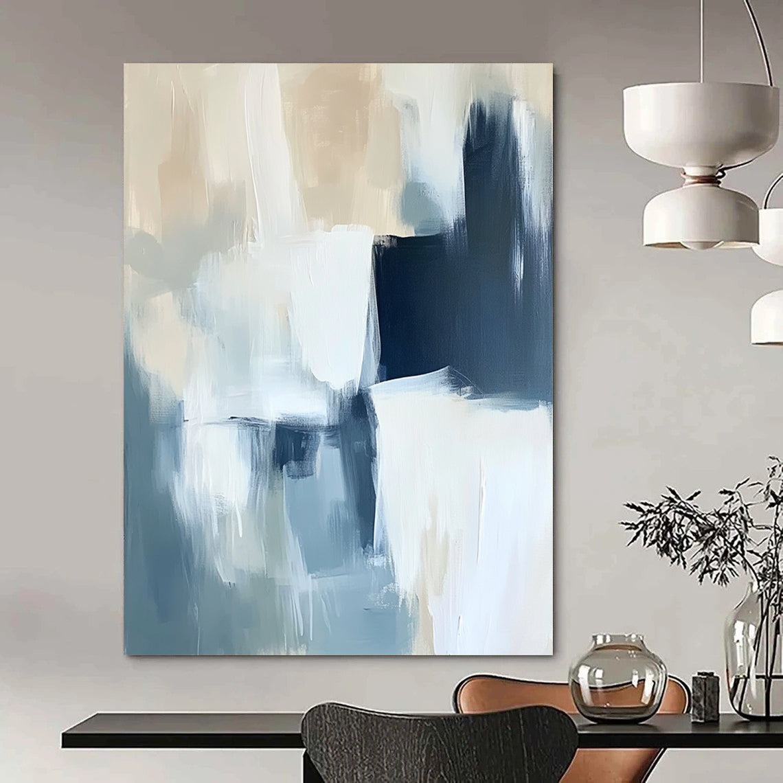 Contemporary abstract painting in soft blue and white with bold brush strokes and subtle black accents, showcasing a minimalist atmosphere and gentle edges. DLZ0529