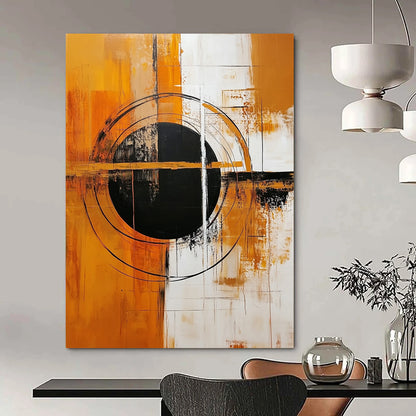 Large contemporary hand-painted abstract artwork featuring a central black circle on an orange and white background with geometric shapes and bold colors. DLZ0505