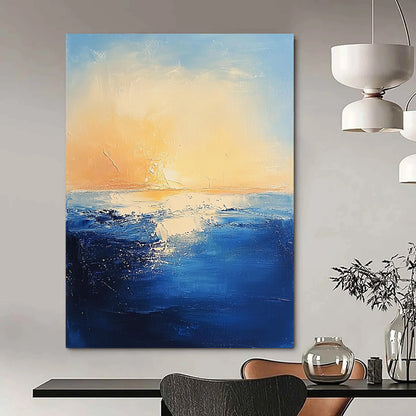 Contemporary abstract painting features textured navy ocean waves against a serene pastel sky and warm sun creating a mysterious atmosphere. DLZ0366