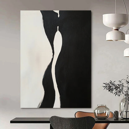 Contemporary hand-painted abstract artwork features two embracing figures with dynamic shapes and compelling negative space in a striking black and white composition. DLZ1543