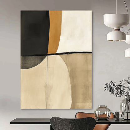 Contemporary hand-painted abstract artwork featuring beige and white tones with striking black accents resembling elegant shapes inspired by shoulder pads. DLZ1258
