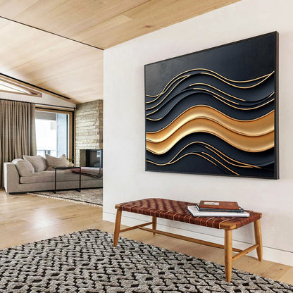 “3D Black - Gold Wavy Relief” - Black, Gold, 3D Wavy Textures Painting On Canvas HB0795