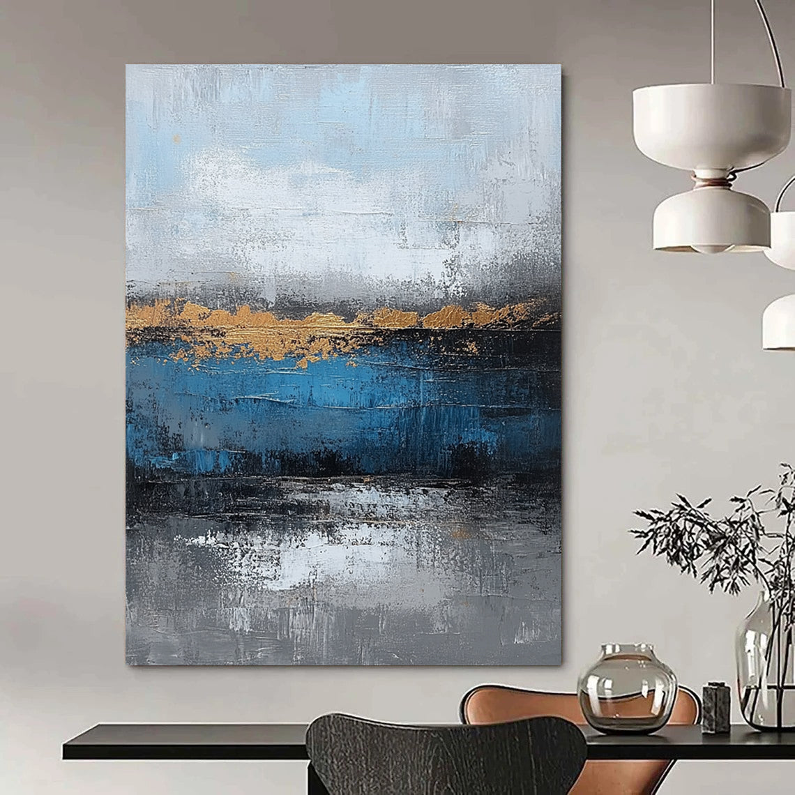 Contemporary large hand-painted abstract artwork featuring blue and gray textures with gold leaf accents on canvas for a striking wall display. DLZ0346