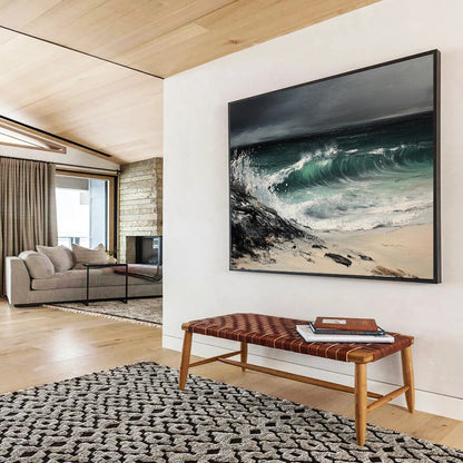 Black, Green, White and Beige Stormy Seaside "Tempest Tide" Painting On Canvas HB0669