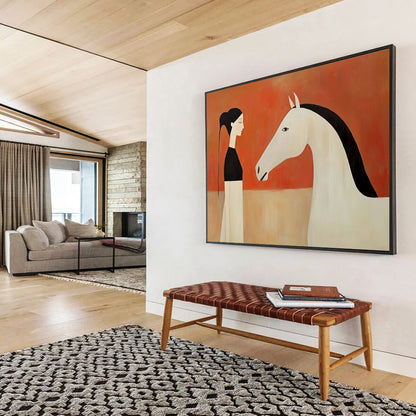 “Stylized Woman & Horse Encounter” - Black, White, Orange, Figurative Painting On Canvas HB0771