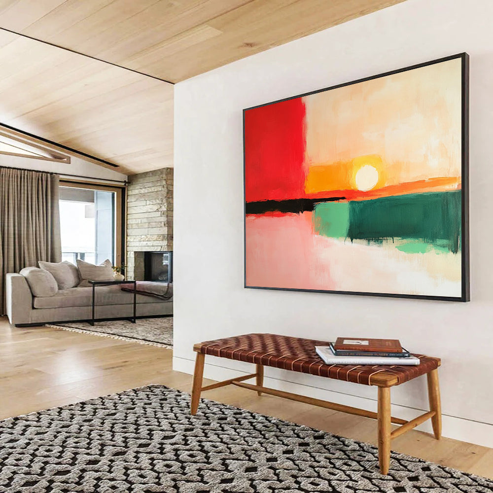 “Color Block Sunset” - Red, Orange, Yellow, Green, Pink, Minimalist Abstract Sunset Painting On Canvas HB1069