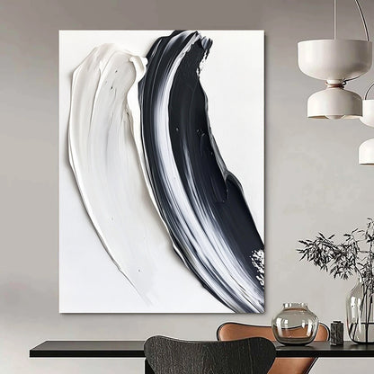 Contemporary hand-painted abstract artwork featuring two textured brushstrokes in black and white against a pure white background, creating a striking visual contrast. DLZ1230