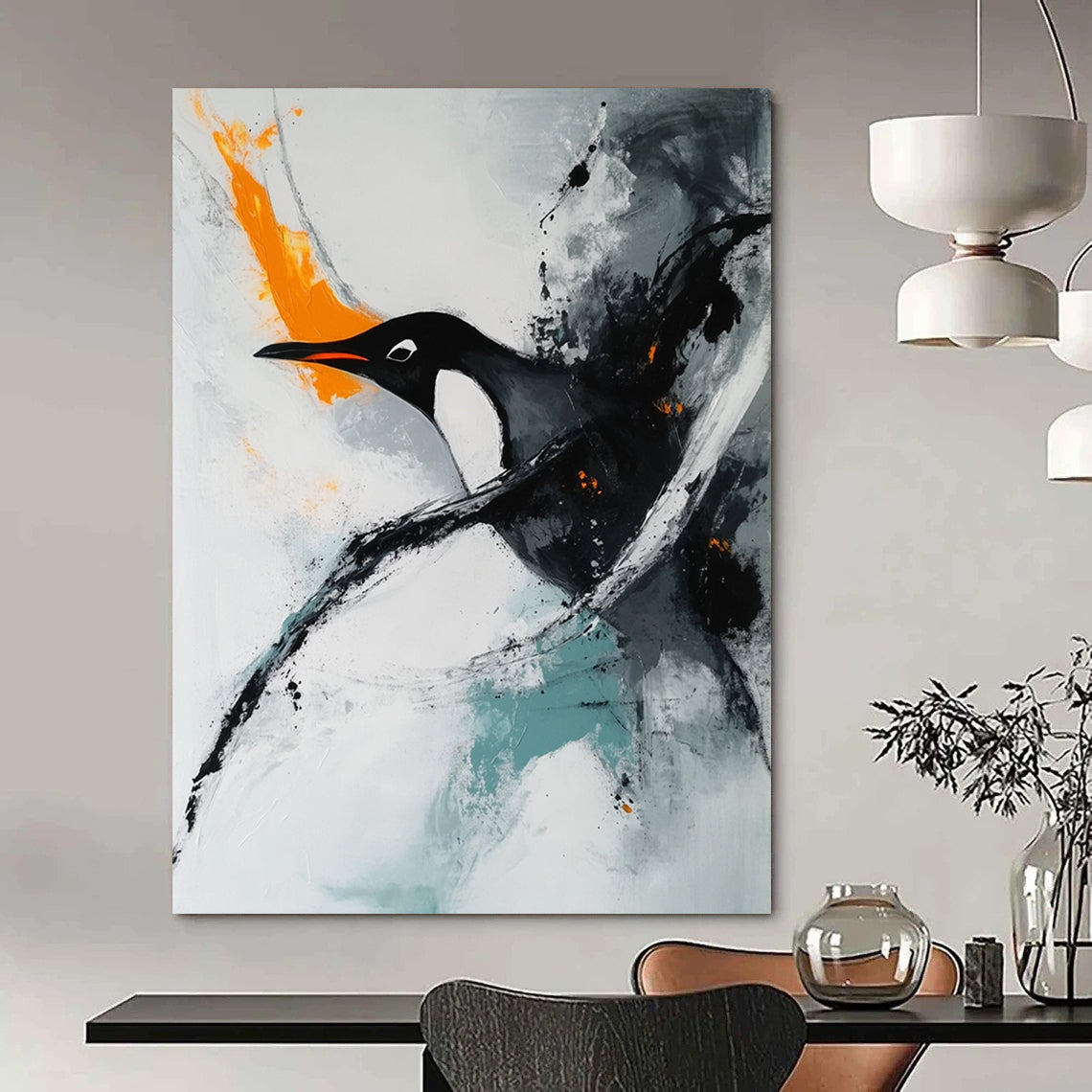 Contemporary hand-painted abstract art featuring a minimalist composition with soft edges showcasing a penguin swimming on a white background accentuated by orange tones. DLZ0551