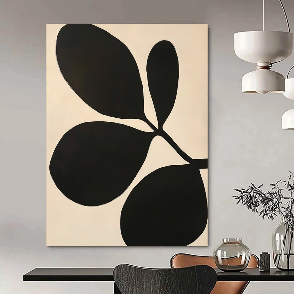 Contemporary abstract artwork featuring Matisse-inspired cutouts with bold black shapes, large leaves, minimalism, and striking negative space on a white background. DLZ1595