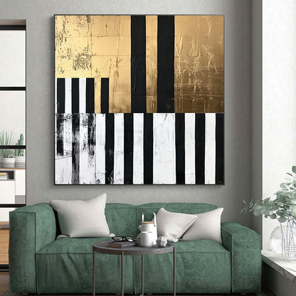 Black, White, Gold and Gray Geometric Abstraction "Elegant Stripes" Painting On Canvas HB402