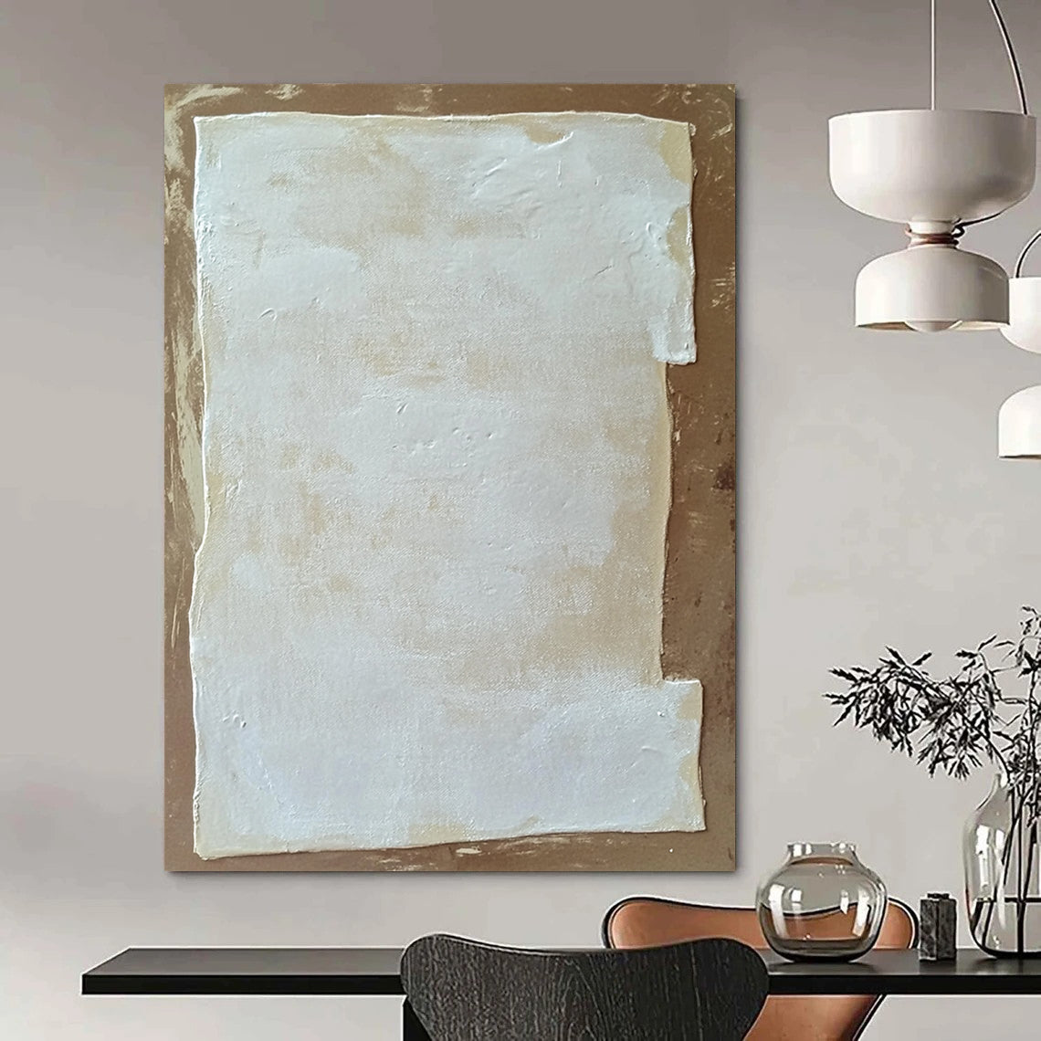 Contemporary abstract painting featuring white rectangular foam against a brown background inspired by Zdzisław Beksiński and Agnes Martin. DLZ1748